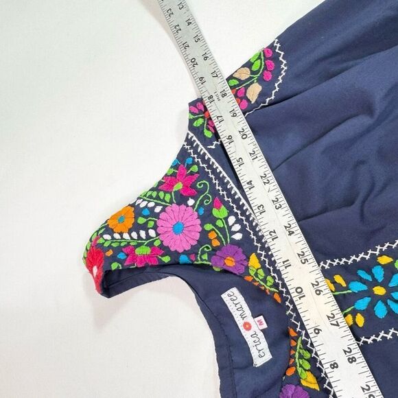 Erica Maree Mini Dress Womens Medium Blue Floral Embroidered Mexican Sleeveless - Picture 5 of 7